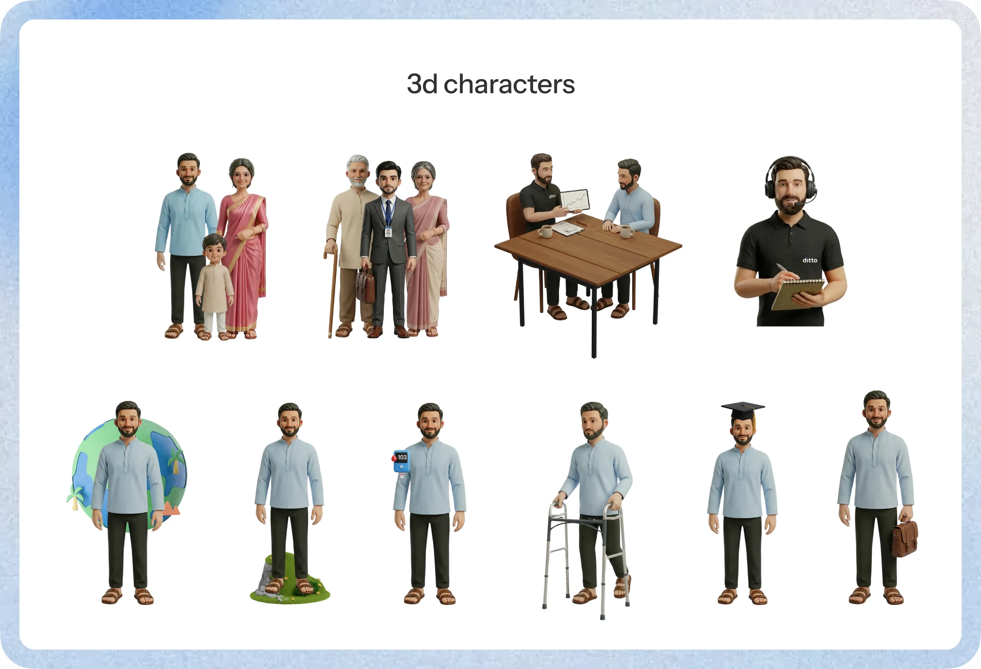 The 3d character set drawn for the product — families, an advisor with a headset, and single figures for each eligibility question.