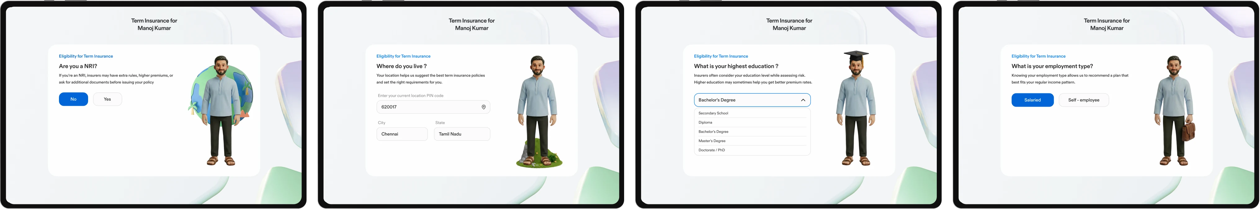 “Getting essential input from users” — questionnaire screens using avatars and simple choices.
