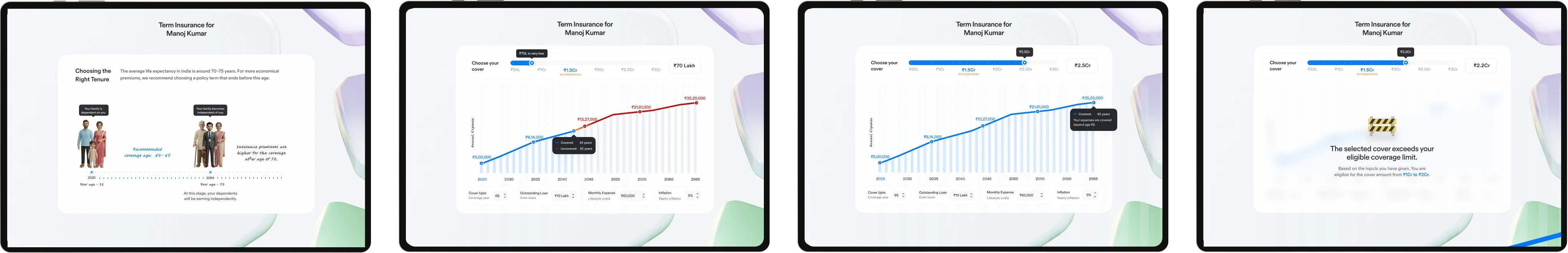 Tenure and cover amount screens, where the customer sets how long the policy runs and how much it pays out.