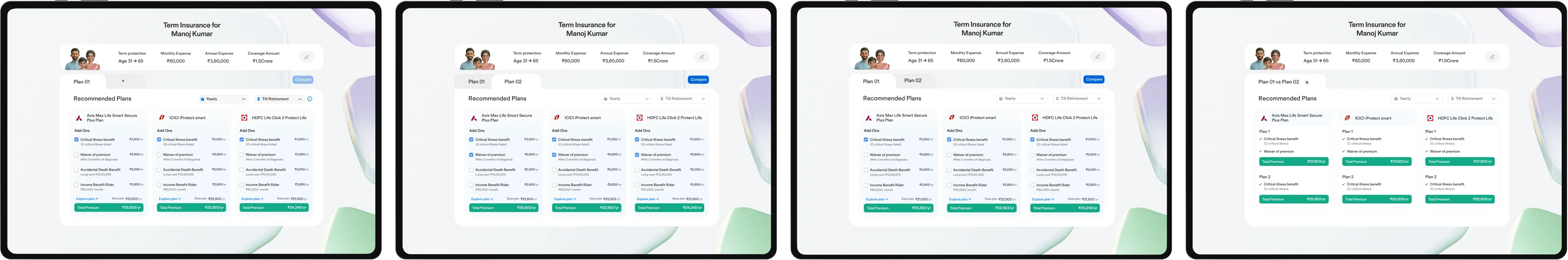 “Compare plans - with different add-ons”, insurers side by side across claim settlement, riders and premium.